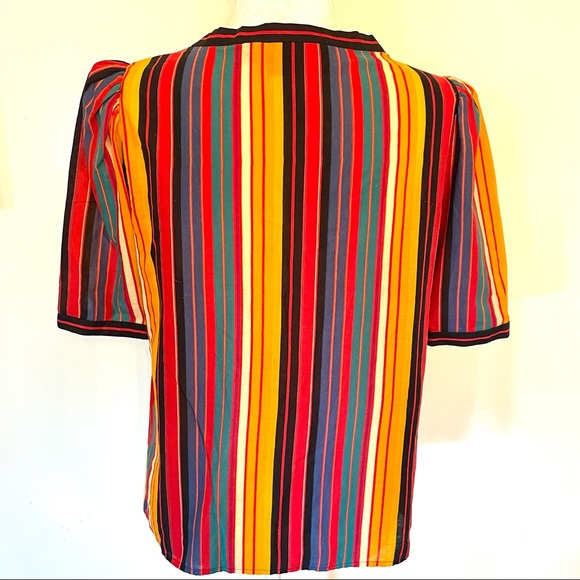 Miss O D by Oscar de la Renta cotton striped puff sleeve button down v neck - Picture 4 of 10